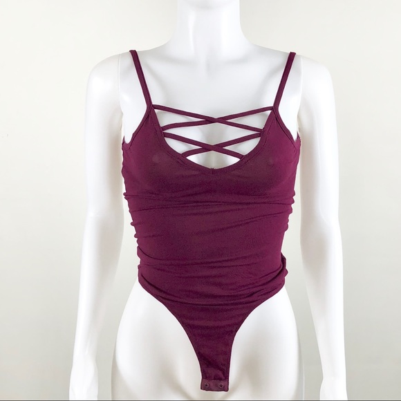 NWOT Wine Criss Cross Strappy Caged Thong Bodysuit - Picture 6 of 10